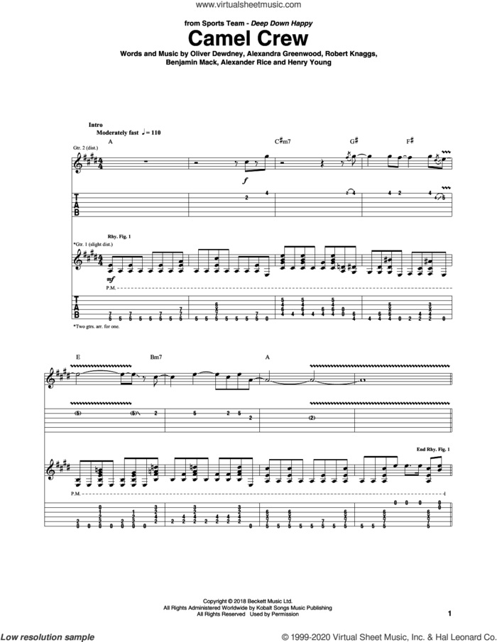 Camel Crew sheet music for guitar (tablature) by Sports Team, Alexander Rice, Alexandra Greenwood, Benjamin Mack, Henry Young, Oliver Dewdney and Robert Knaggs, intermediate skill level