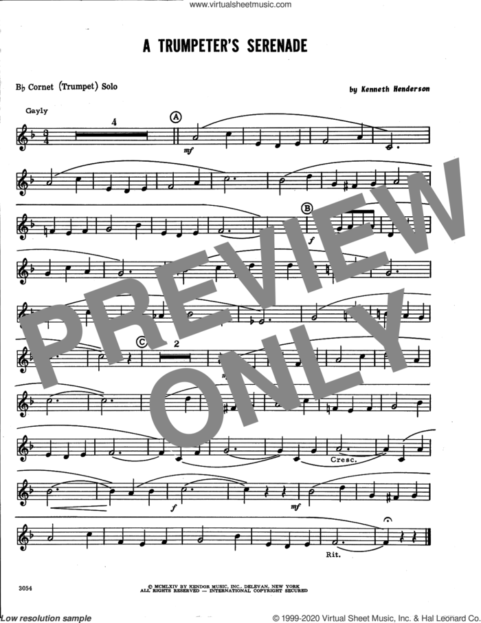 A Trumpeter's Serenade (complete set of parts) sheet music for trumpet and piano by Kenneth Henderson, classical score, intermediate skill level