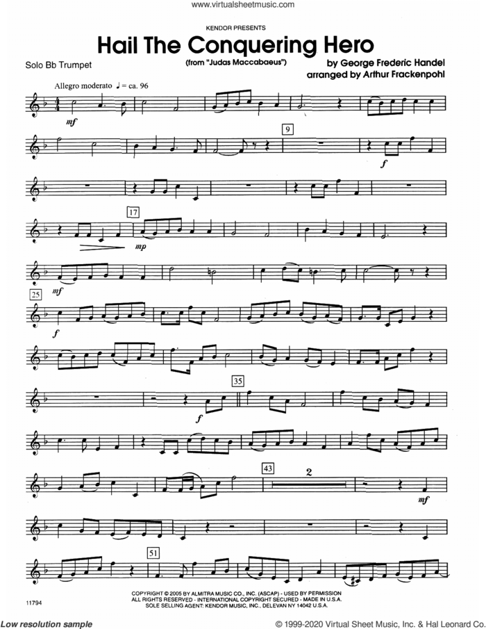 Hail The Conquering Hero (from 'Judas Maccabaeus') (arr. Arthur Frackenpohl) (complete set of parts) sheet music for trumpet and piano by George Frideric Handel and Arthur Frackenpohl, classical score, intermediate skill level