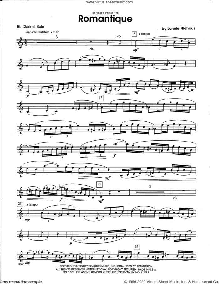 Romantique (complete set of parts) sheet music for clarinet and piano by Lennie Niehaus, classical score, intermediate skill level