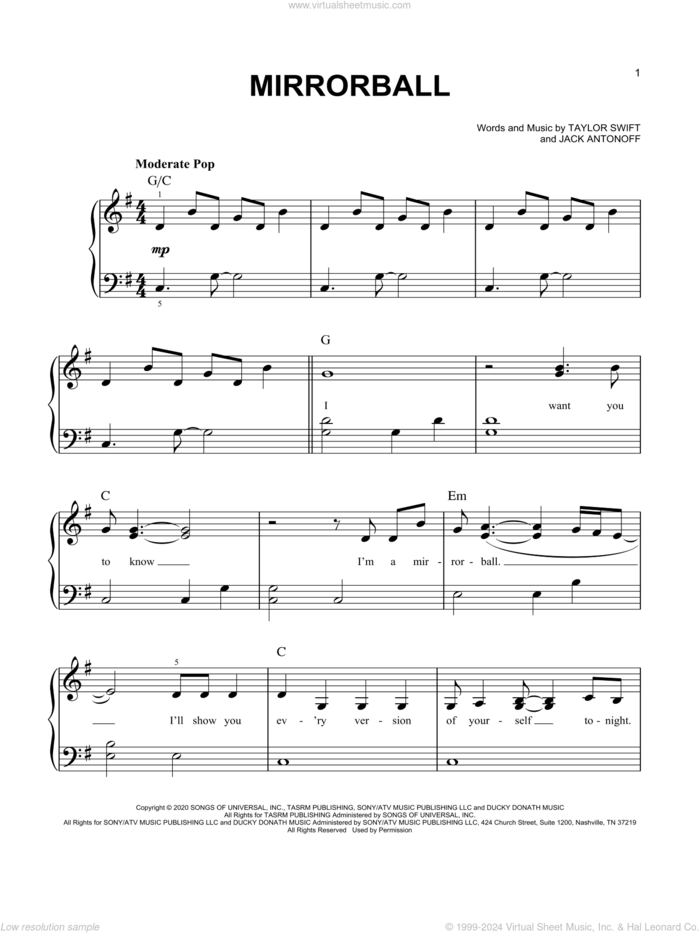 mirrorball sheet music for piano solo by Taylor Swift and Jack Antonoff, easy skill level