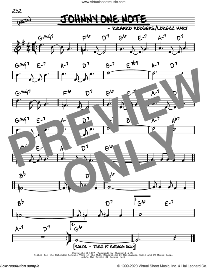 Johnny One-Note sheet music for voice and other instruments (real book) by Richard Rodgers, Lorenz Hart and Rodgers & Hart, intermediate skill level