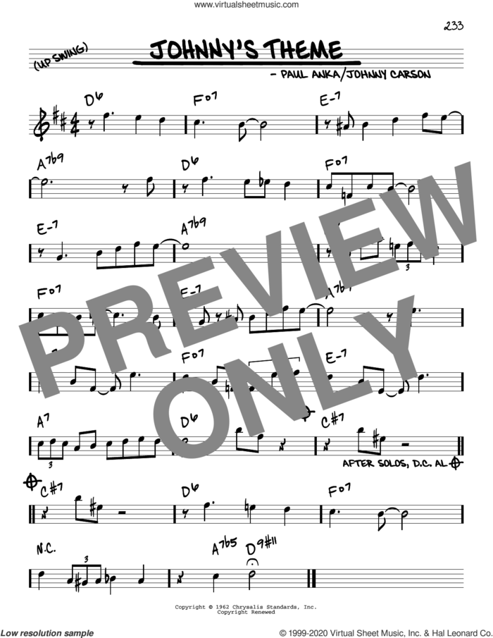 Johnny's Theme sheet music for voice and other instruments (real book) by Johnny Carson and Paul Anka, intermediate skill level
