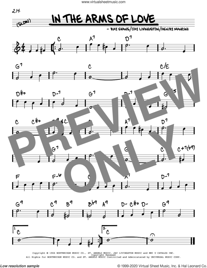 In The Arms Of Love sheet music for voice and other instruments (real book) by Henry Mancini, Jay Livingston and Raymond B. Evans, intermediate skill level