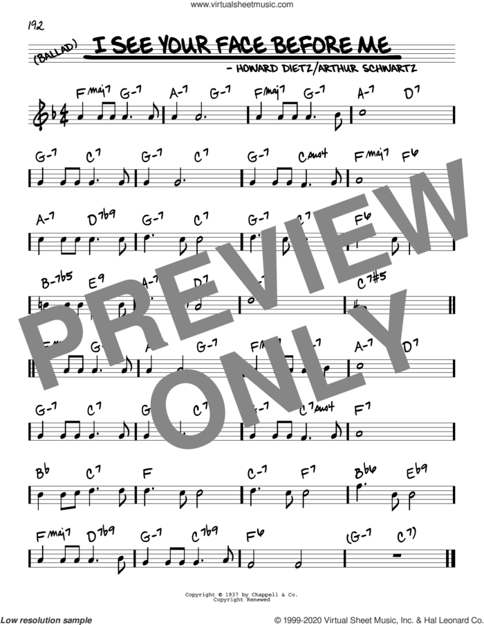 I See Your Face Before Me sheet music for voice and other instruments (real book) by Arthur Schwartz and Howard Dietz, intermediate skill level