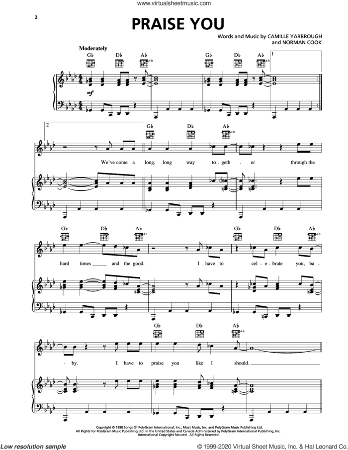 Praise You (Praise U) sheet music for voice, piano or guitar by Fatboy Slim, Camille Yarbrough and Norman Cook, intermediate skill level