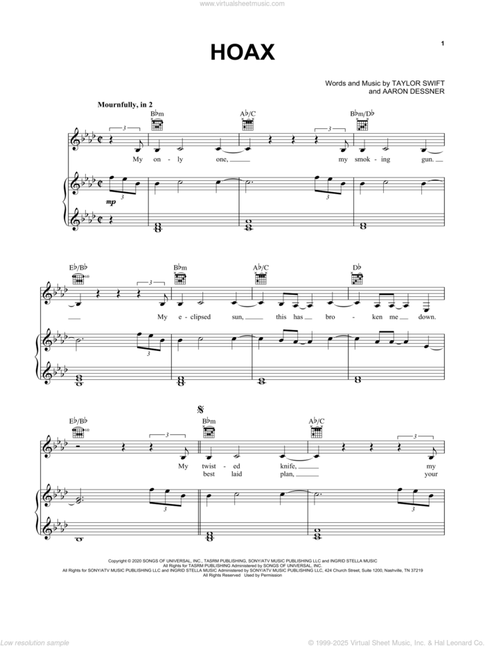 hoax sheet music for voice, piano or guitar by Taylor Swift and Aaron Dessner, intermediate skill level