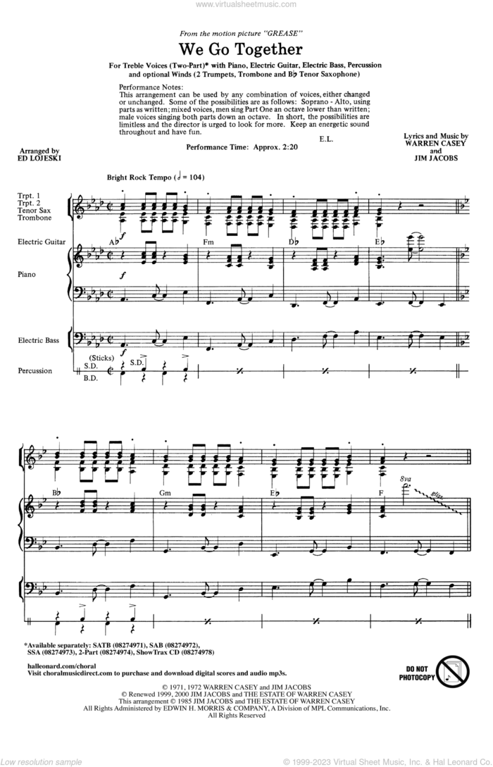 We Go Together (from Grease) (arr. Ed Lojeski) sheet music for choir (2-Part) by Jim Jacobs, Ed Lojeski, Jim Jacobs & Warren Casey and Warren Casey, intermediate duet