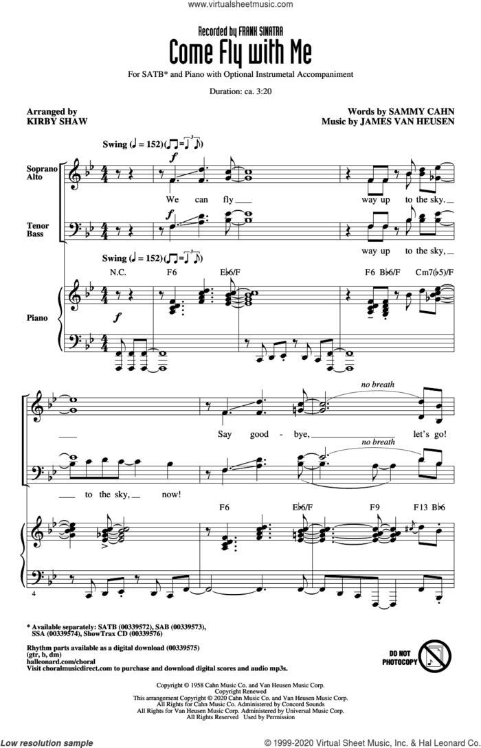 Come Fly With Me (arr. Kirby Shaw) sheet music for choir (SATB: soprano, alto, tenor, bass) by Frank Sinatra, Kirby Shaw, Jimmy van Heusen and Sammy Cahn, intermediate skill level