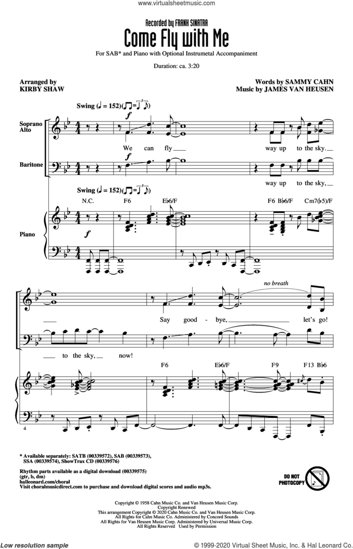 Come Fly With Me (arr. Kirby Shaw) sheet music for choir (SAB: soprano, alto, bass) by Frank Sinatra, Kirby Shaw, Jimmy van Heusen and Sammy Cahn, intermediate skill level