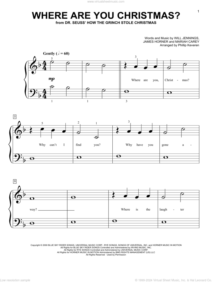 Where Are You Christmas? (from How The Grinch Stole Christmas) (arr. Phillip Keveren) sheet music for piano solo (big note book) by Faith Hill, Phillip Keveren, James Horner, Mariah Carey and Will Jennings, easy piano (big note book)