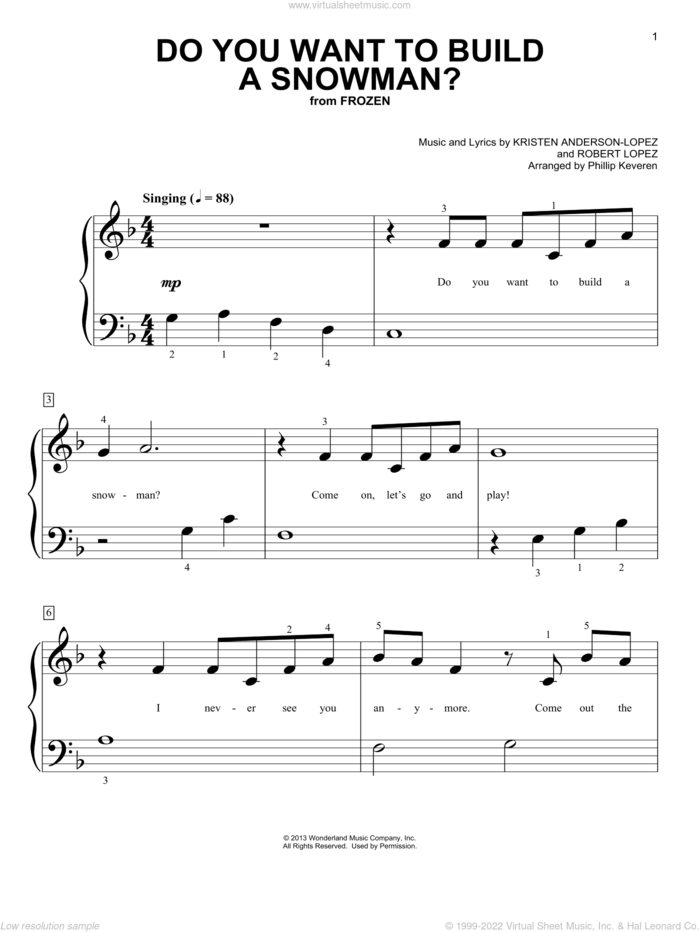 Do You Want To Build A Snowman? (from Frozen) (arr. Phillip Keveren) sheet music for piano solo (big note book) by Kristen Bell, Agatha Lee Monn & Katie Lopez, Phillip Keveren, Kristen Anderson-Lopez and Robert Lopez, easy piano (big note book)
