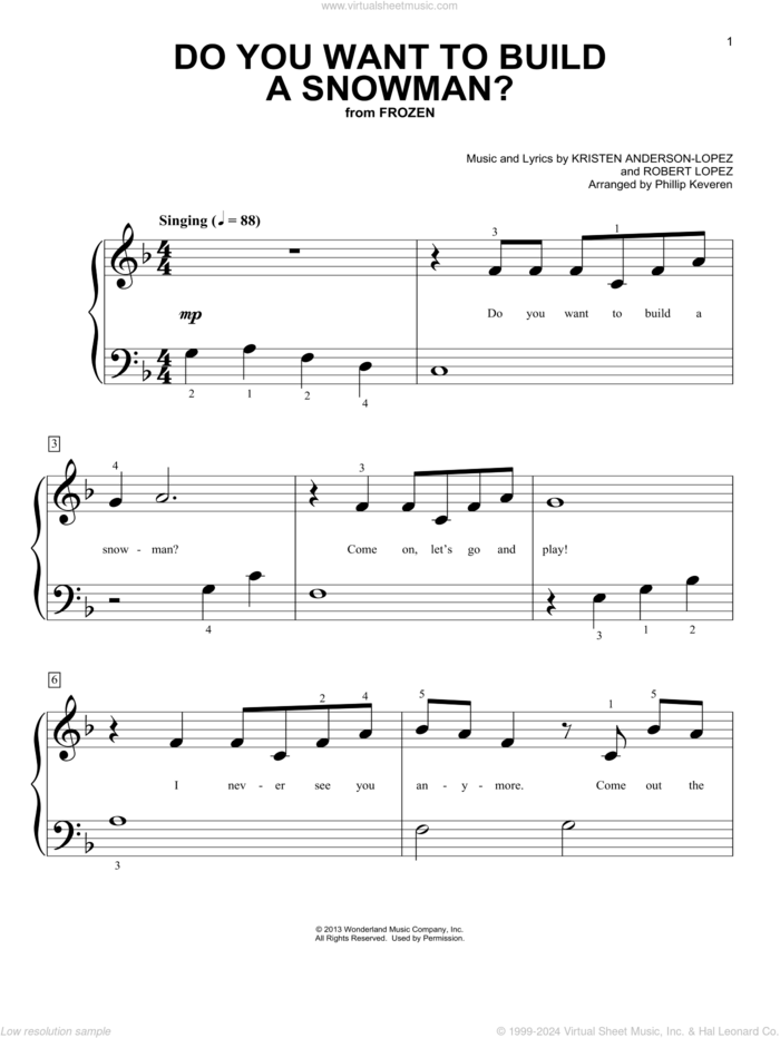 Do You Want To Build A Snowman? (from Frozen) (arr. Phillip Keveren) sheet music for piano solo (big note book) by Kristen Bell, Agatha Lee Monn & Katie Lopez, Phillip Keveren, Kristen Anderson-Lopez and Robert Lopez, easy piano (big note book)