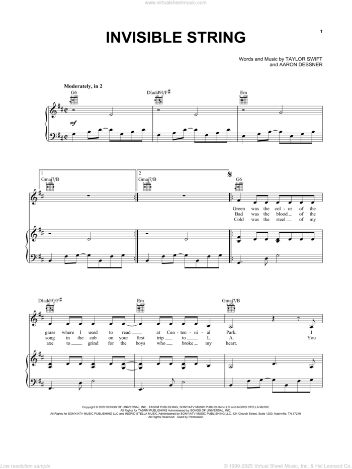 invisible string sheet music for voice, piano or guitar by Taylor Swift and Aaron Dessner, intermediate skill level