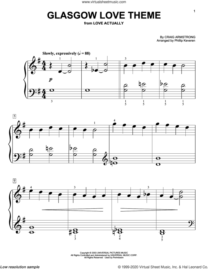 Glasgow Love Theme (from Love Actually) (arr. Phillip Keveren) sheet music for piano solo (big note book) by Craig Armstrong and Phillip Keveren, easy piano (big note book)
