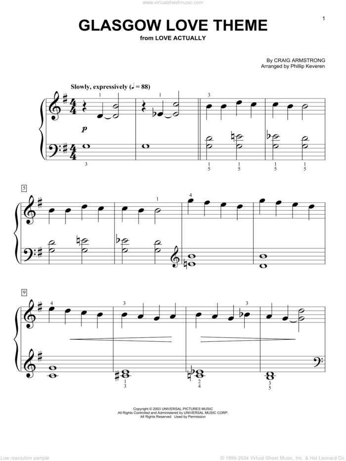 Glasgow Love Theme (from Love Actually) (arr. Phillip Keveren) sheet music for piano solo (big note book) by Craig Armstrong and Phillip Keveren, easy piano (big note book)