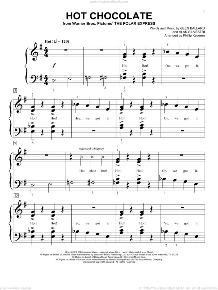 Hot Chocolate (from The Polar Express) (arr. Phillip Keveren) sheet music for piano solo (big note book) by Glen Ballard, Phillip Keveren, Alan Silvestri and Glen Ballard and Alan Silvestri, easy piano (big note book)