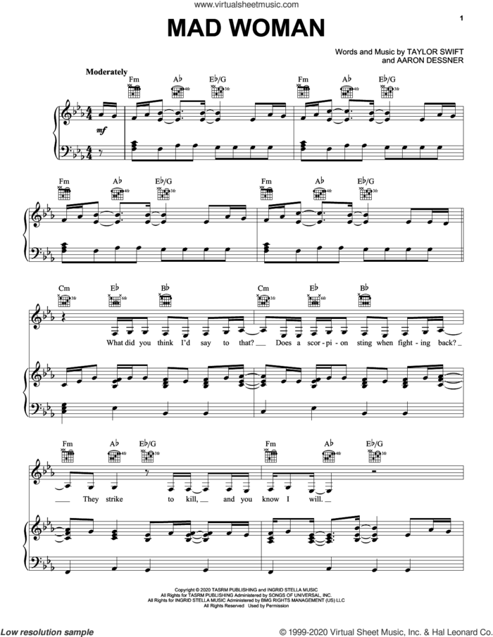 mad woman sheet music for voice, piano or guitar by Taylor Swift and Aaron Dessner, intermediate skill level