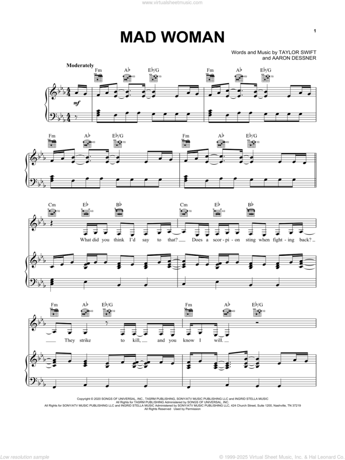 mad woman sheet music for voice, piano or guitar by Taylor Swift and Aaron Dessner, intermediate skill level