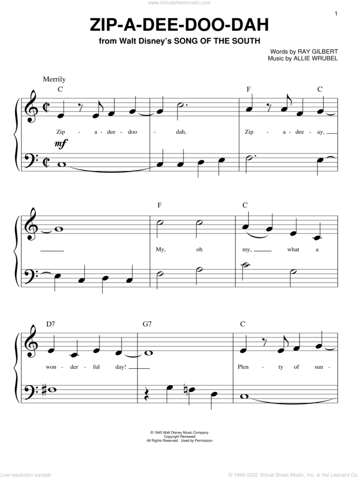 Zip-A-Dee-Doo-Dah (from Song Of The South) sheet music for piano solo (big note book) by Ray Gilbert, James Baskett and Allie Wrubel, easy piano (big note book)