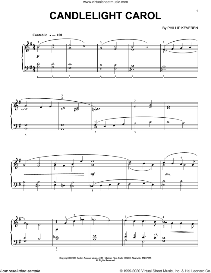 Candlelight Carol sheet music for piano solo by Phillip Keveren, intermediate skill level