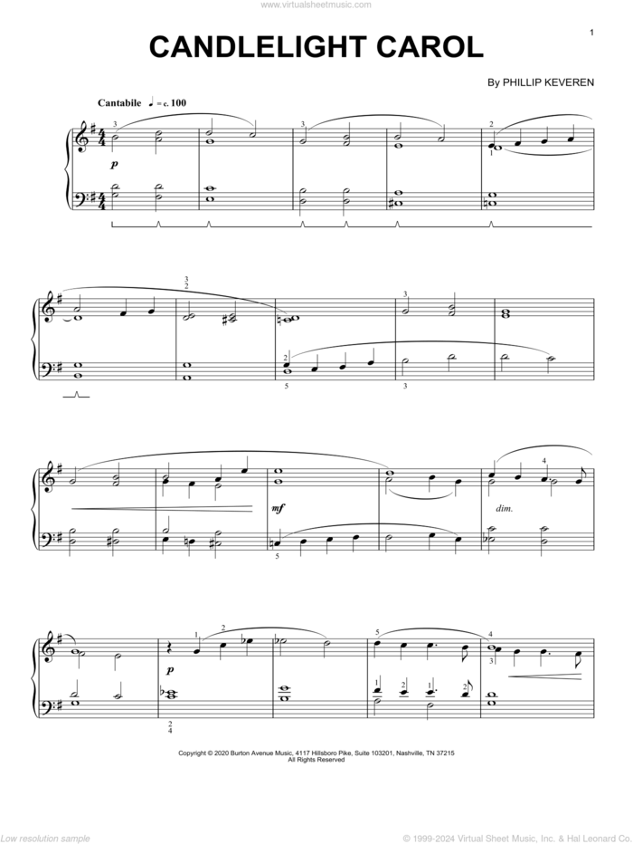 Candlelight Carol sheet music for piano solo by Phillip Keveren, intermediate skill level