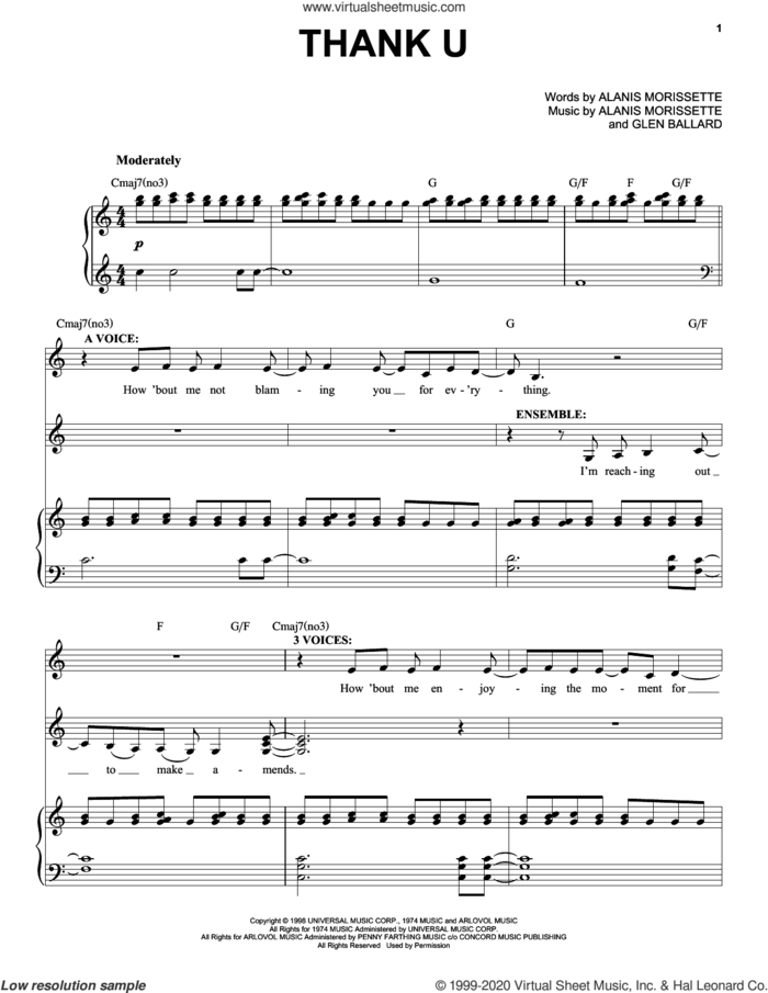Thank U (from Jagged Little Pill The Musical) sheet music for voice and piano by Alanis Morissette and Glen Ballard, intermediate skill level