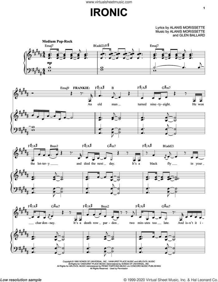 Ironic (from Jagged Little Pill The Musical) sheet music for voice and piano by Alanis Morissette and Glen Ballard, intermediate skill level