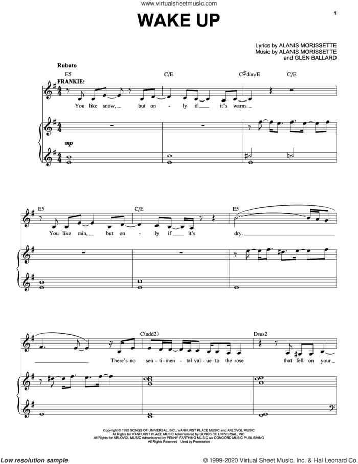 Wake Up (from Jagged Little Pill The Musical) sheet music for voice and piano by Alanis Morissette and Glen Ballard, intermediate skill level