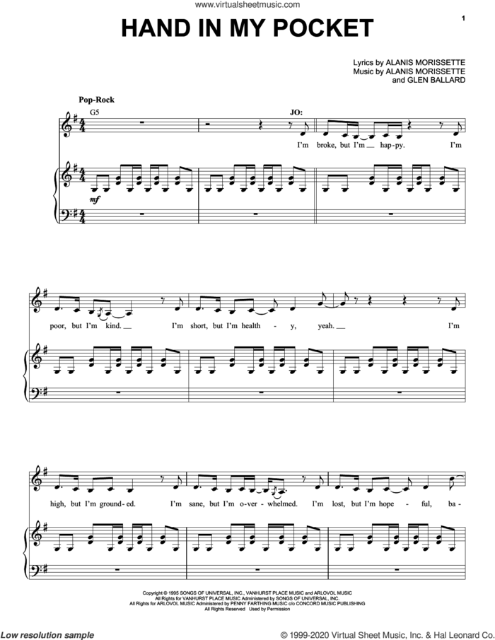 Hand In My Pocket (from Jagged Little Pill The Musical) sheet music for voice and piano by Alanis Morissette and Glen Ballard, intermediate skill level