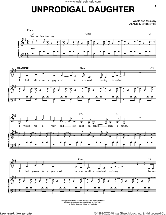 Unprodigal Daughter (from Jagged Little Pill The Musical) sheet music for voice and piano by Alanis Morissette and Glen Ballard, intermediate skill level