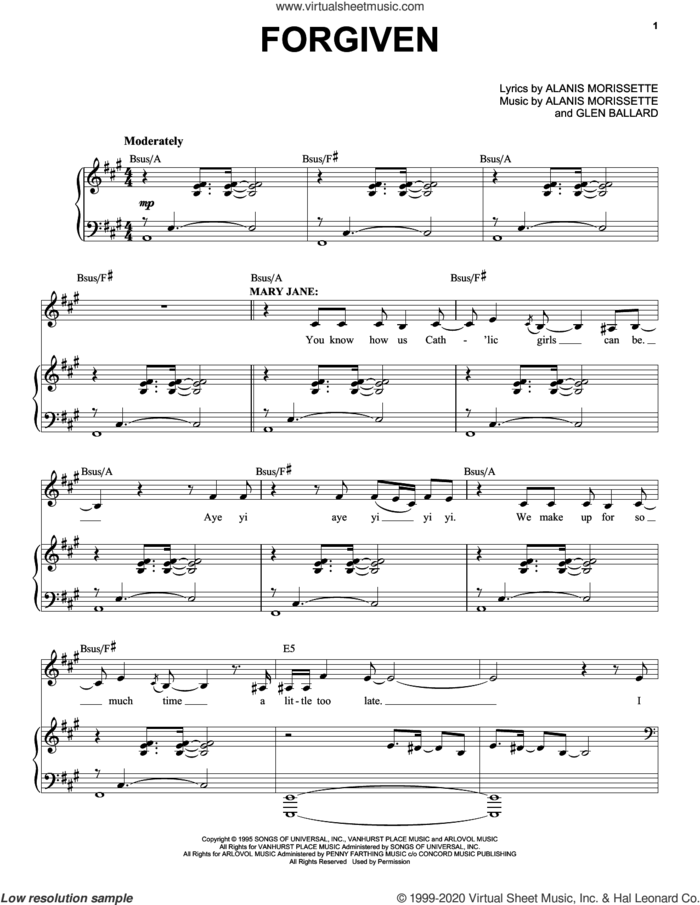 Forgiven (from Jagged Little Pill The Musical) sheet music for voice and piano by Alanis Morissette and Glen Ballard, intermediate skill level