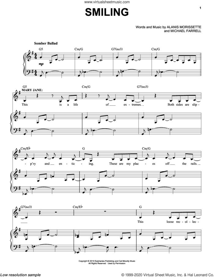 Smiling (from Jagged Little Pill The Musical) sheet music for voice and piano by Alanis Morissette, Glen Ballard and Michael Farrell, intermediate skill level