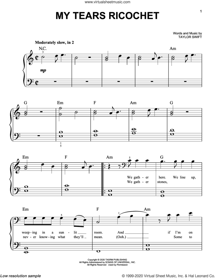 my tears ricochet sheet music for piano solo by Taylor Swift, easy skill level