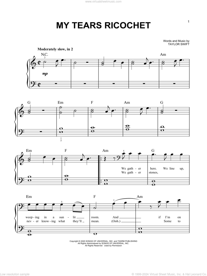 my tears ricochet sheet music for piano solo by Taylor Swift, easy skill level