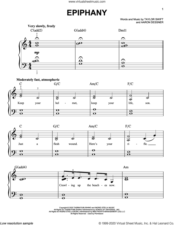 epiphany sheet music for piano solo by Taylor Swift and Aaron Dessner, easy skill level