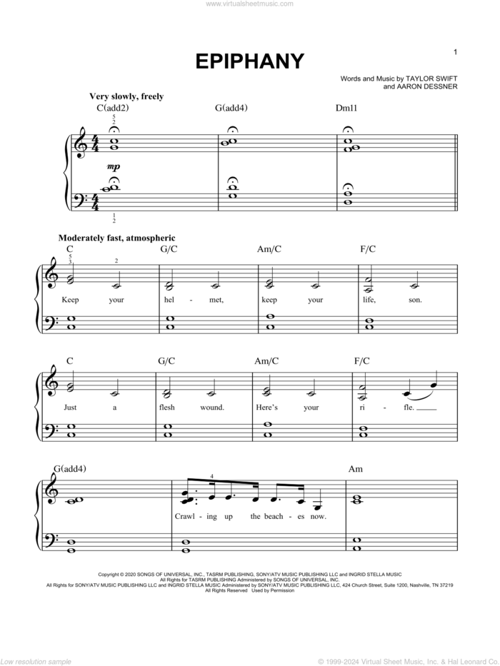 epiphany sheet music for piano solo by Taylor Swift and Aaron Dessner, easy skill level