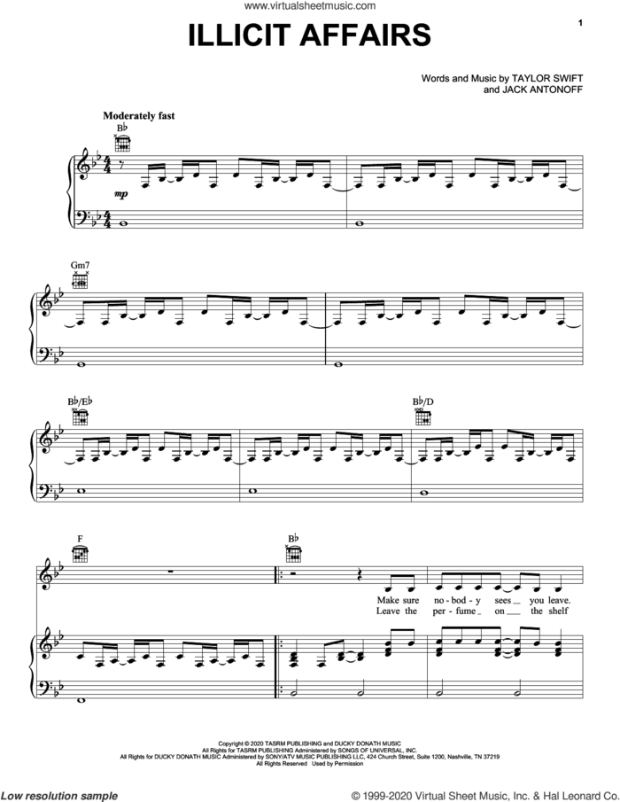 illicit affairs sheet music for voice, piano or guitar by Taylor Swift and Jack Antonoff, intermediate skill level