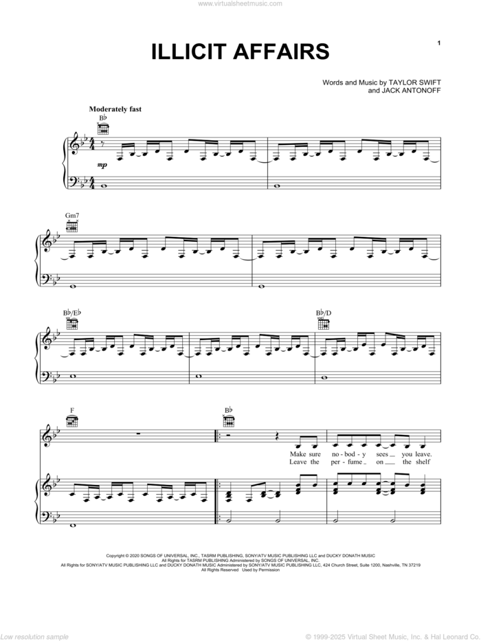 illicit affairs sheet music for voice, piano or guitar by Taylor Swift and Jack Antonoff, intermediate skill level