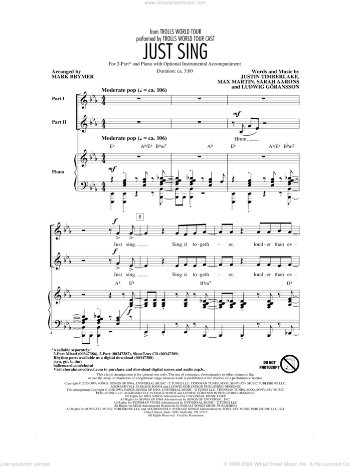 Just Sing (from Trolls World Tour) (arr. Mark Brymer) sheet music for choir (2-Part) by Trolls World Tour Cast, Mark Brymer, Justin Timberlake, Ludwig Goransson, Ludwig Goransson, Max Martin and Sarah Aarons, intermediate duet