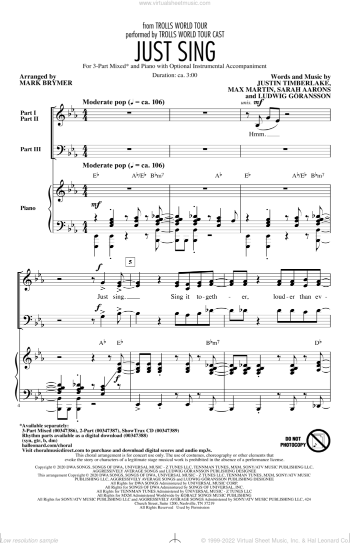 Just Sing (from Trolls World Tour) (arr. Mark Brymer) sheet music for choir (3-Part Mixed) by Trolls World Tour Cast, Mark Brymer, Justin Timberlake, Ludwig Goransson, Max Martin and Sarah Aarons, intermediate skill level