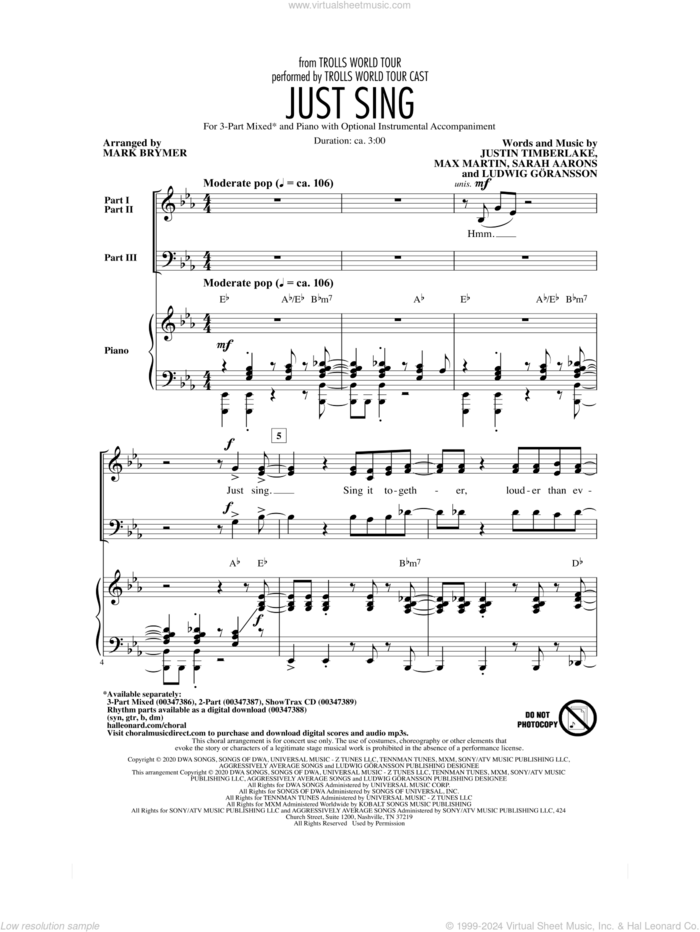 Just Sing (from Trolls World Tour) (arr. Mark Brymer) sheet music for choir (3-Part Mixed) by Trolls World Tour Cast, Mark Brymer, Justin Timberlake, Ludwig Goransson, Ludwig Goransson, Max Martin and Sarah Aarons, intermediate skill level