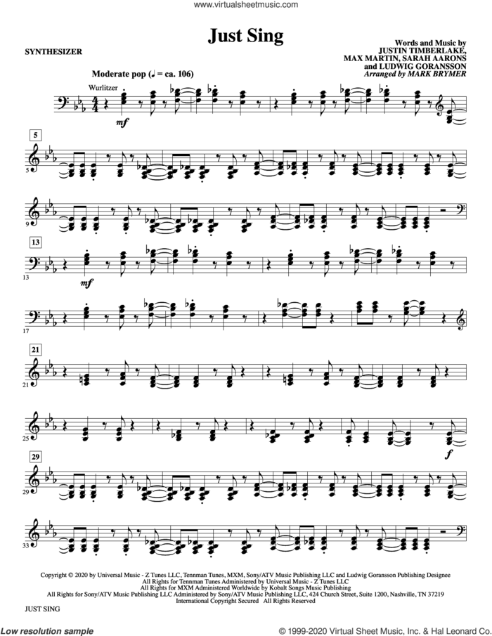 Just Sing (from Trolls World Tour) (arr. Mark Brymer) (complete set of parts) sheet music for orchestra/band by Trolls World Tour Cast, Justin Timberlake, Ludwig Goransson, Mark Brymer, Max Martin and Sarah Aarons, intermediate skill level