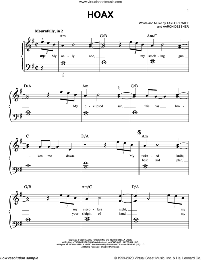 hoax sheet music for piano solo by Taylor Swift and Aaron Dessner, easy skill level