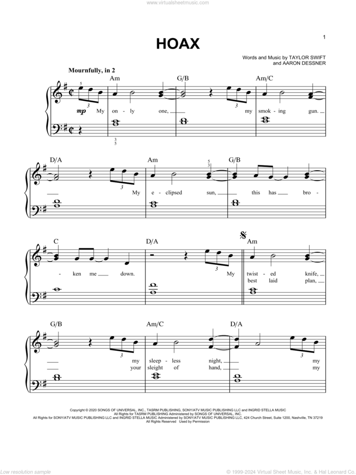 hoax sheet music for piano solo by Taylor Swift and Aaron Dessner, easy skill level