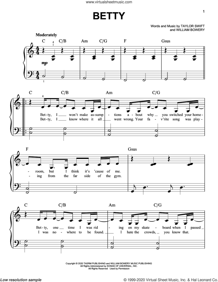 betty sheet music for piano solo by Taylor Swift and William Bowery, easy skill level