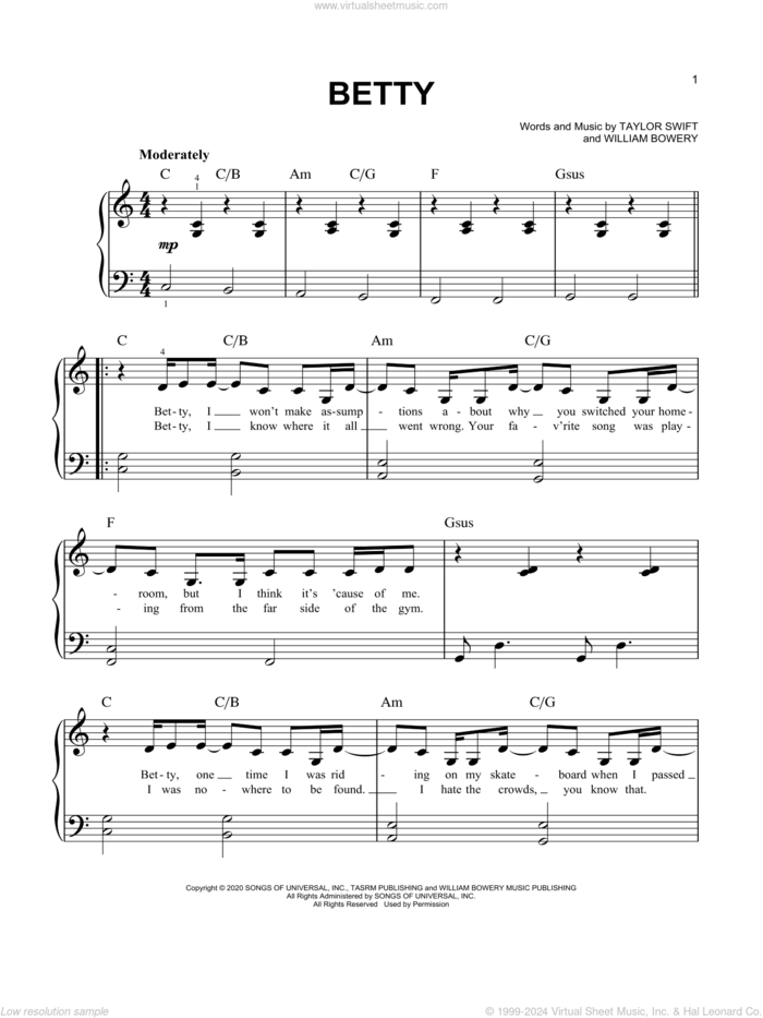 betty sheet music for piano solo by Taylor Swift and William Bowery, easy skill level