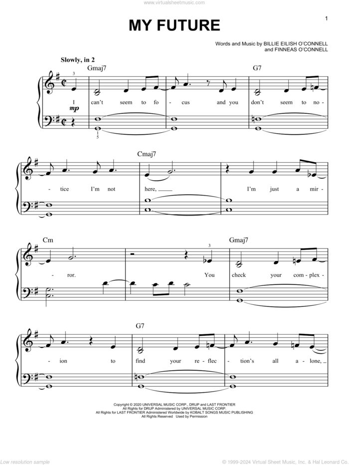 my future sheet music for piano solo by Billie Eilish, easy skill level