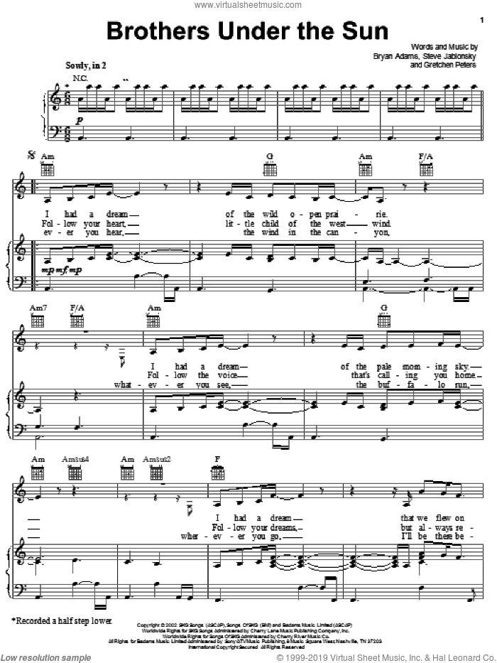 Brothers Under The Sun sheet music for voice, piano or guitar by Bryan Adams, Spirit: Stallion Of The Cimarron (Movie), Gretchen Peters and Steve Jablonsky, intermediate skill level