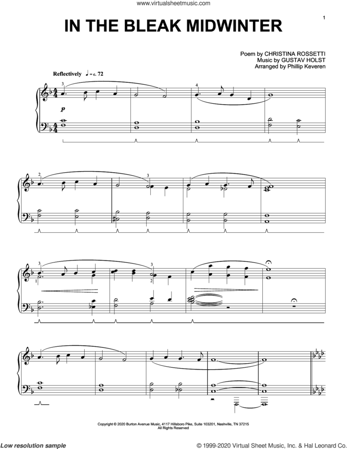 In The Bleak Midwinter (arr. Phillip Keveren) sheet music for piano solo by Gustav Holst, Phillip Keveren and Christina Rossetti, intermediate skill level